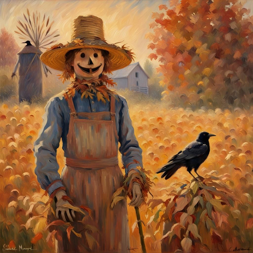 Friendly Scarecrow in Fall Cornfield, Impressionist Style