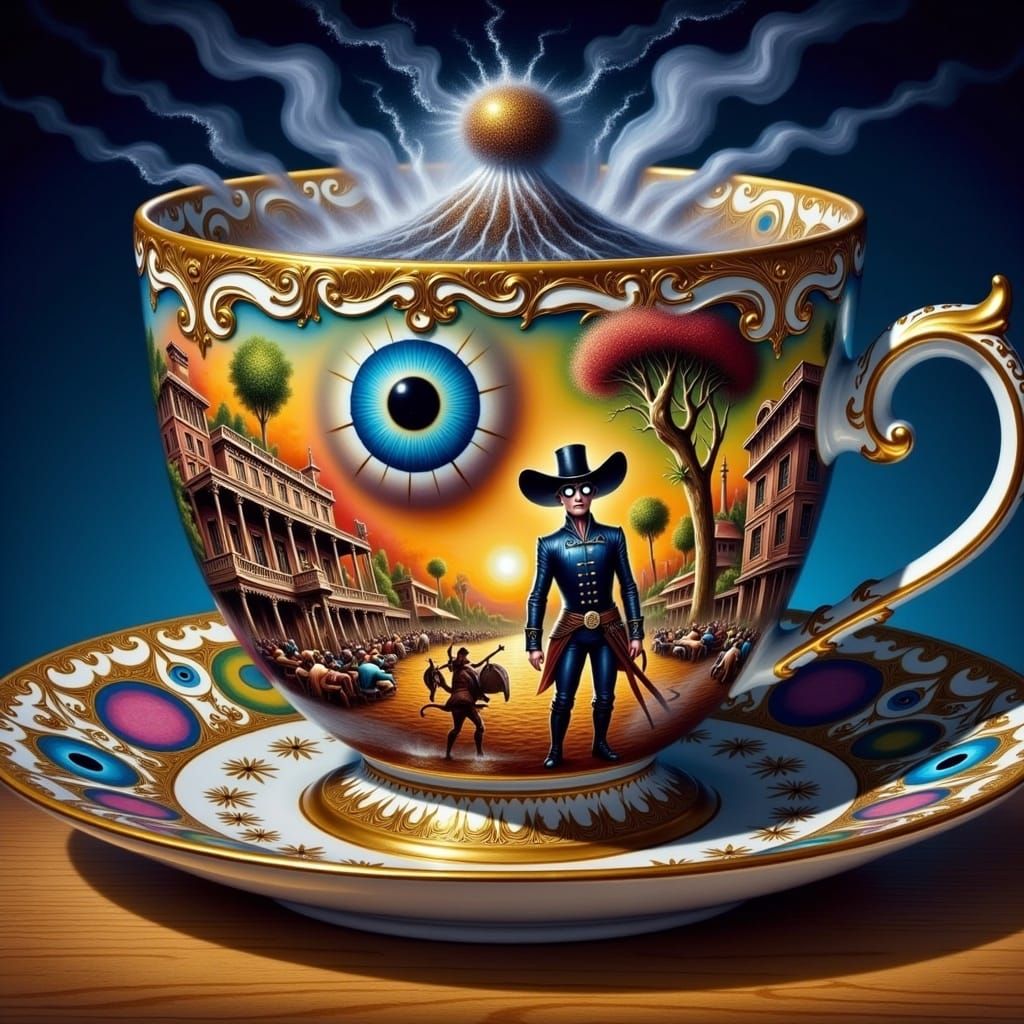 Cyclops Cowboy in Teacup: A Surreal Dali-esque Scene