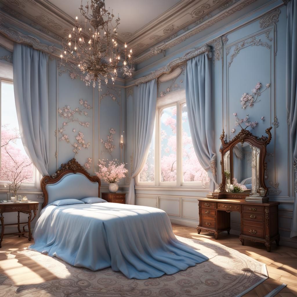 Rococo Royal Bedroom with Cherry Blossoms in 3D