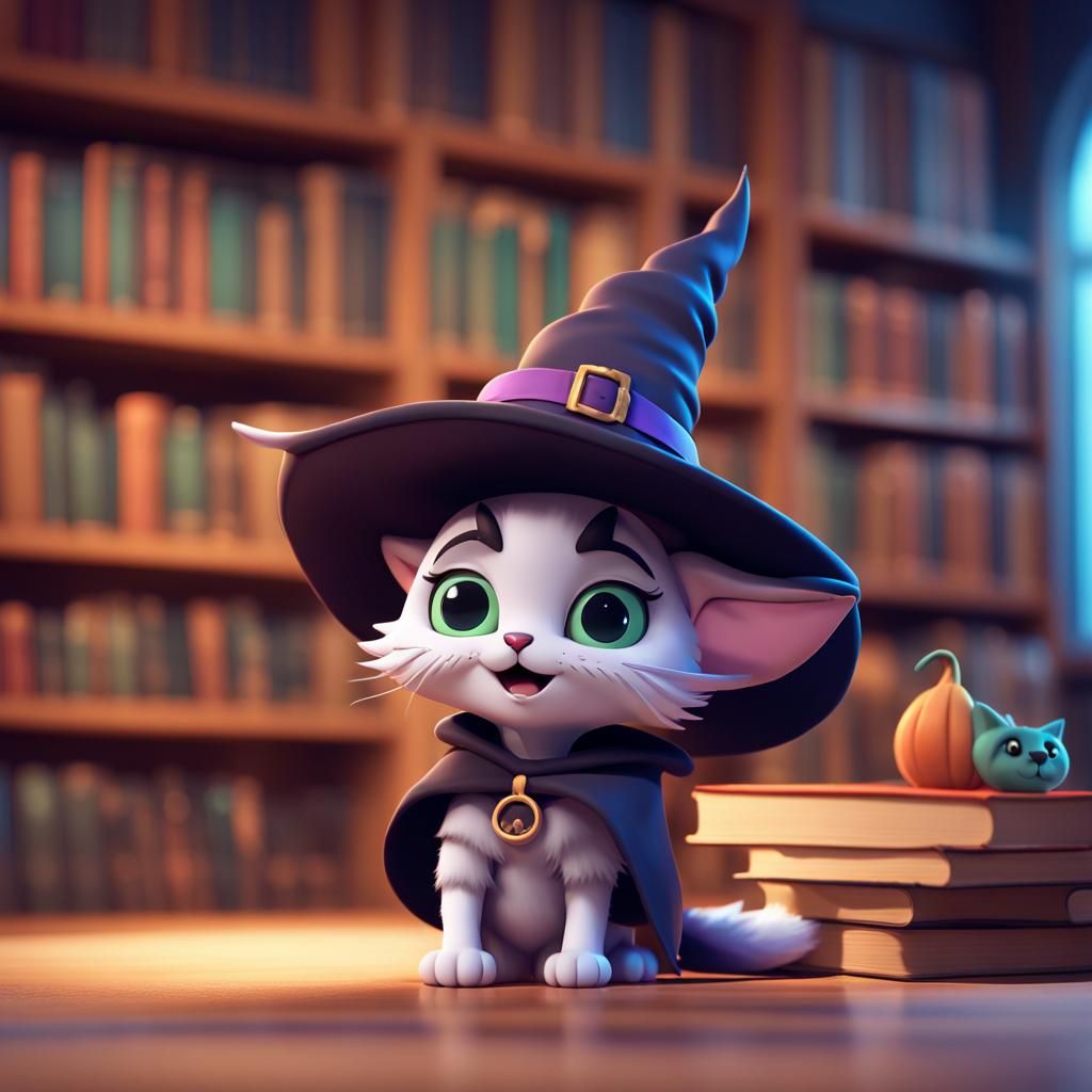 Cute Cat Witch in Library, 3D Digital Art