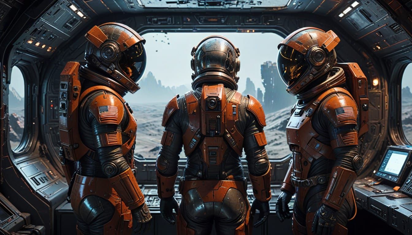 Astronauts in Futuristic Space Suits Gaze at Ruined Earth