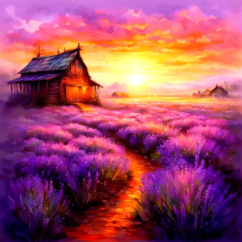 Lavender Field with Barn in Ethereal Fantasy Style