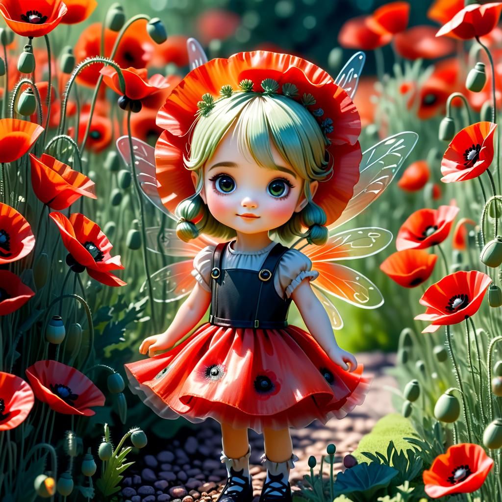 Hyperdetailed Poppy Fairy in a Red Poppy Garden