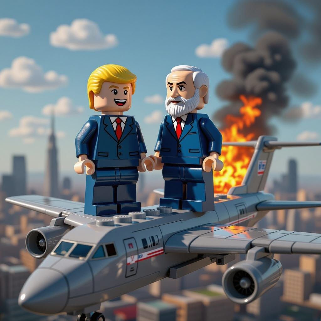 Political Figures as LEGO Figurines on a Bomber