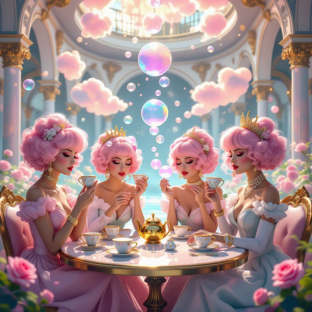 Surreal Tea Salon with Aristocrats and Poodles in Art Nouvea...