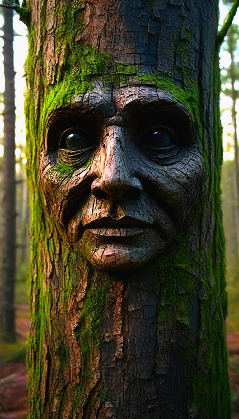 Face Tree in Dark Forest, 20th Century Illustration Style