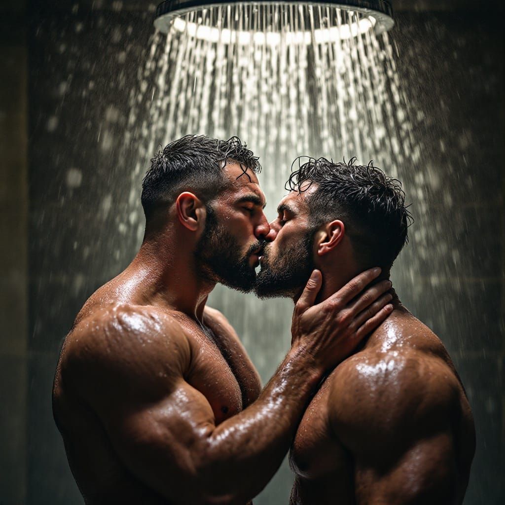 two shirtless muscular italian rugby players discreetly kissing in the shower