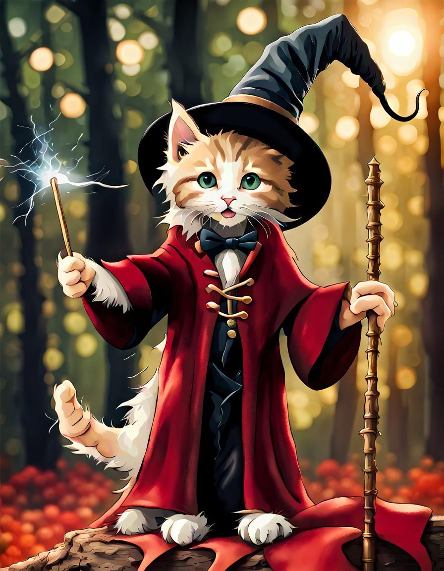 Kitten Magician in Forest with God Rays