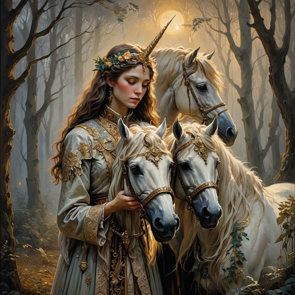 Mystical Seeker with Unicorn in Moonlit Forest