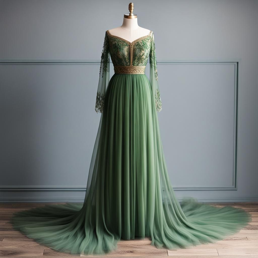 Elegant Green Greek Princess Dress on Form