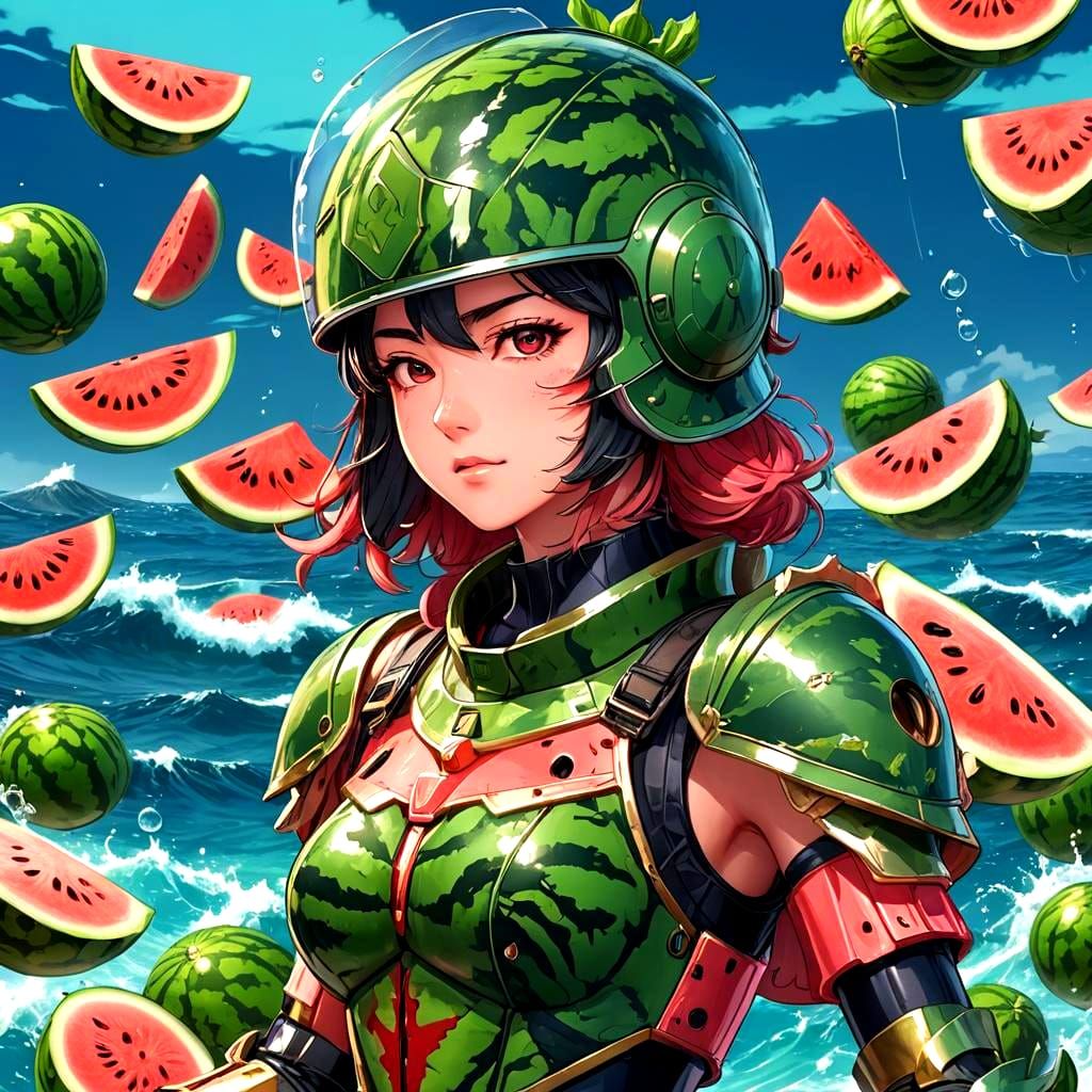 Anime Girl in Watermelon Armor, Cel-Shaded Style