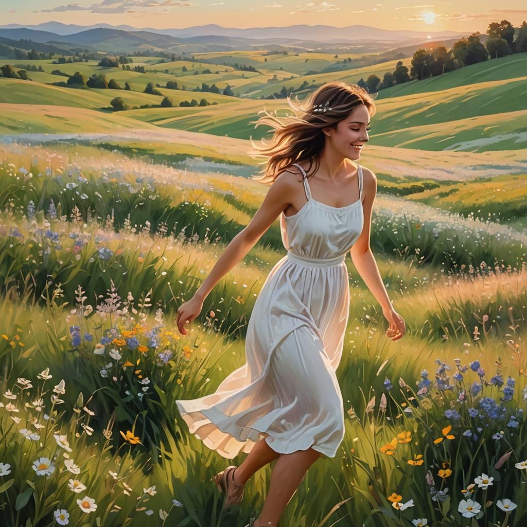 Girl in Meadow: Impressionist Landscape Painting