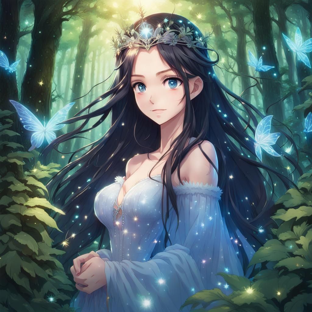Enchanted Forest Maiden with Fairies, Anime Style