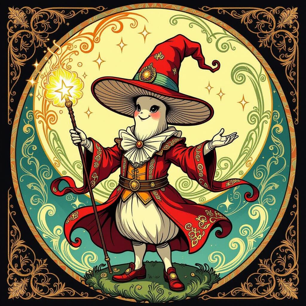Mushroom Magician Casting Spell in Art Nouveau Style