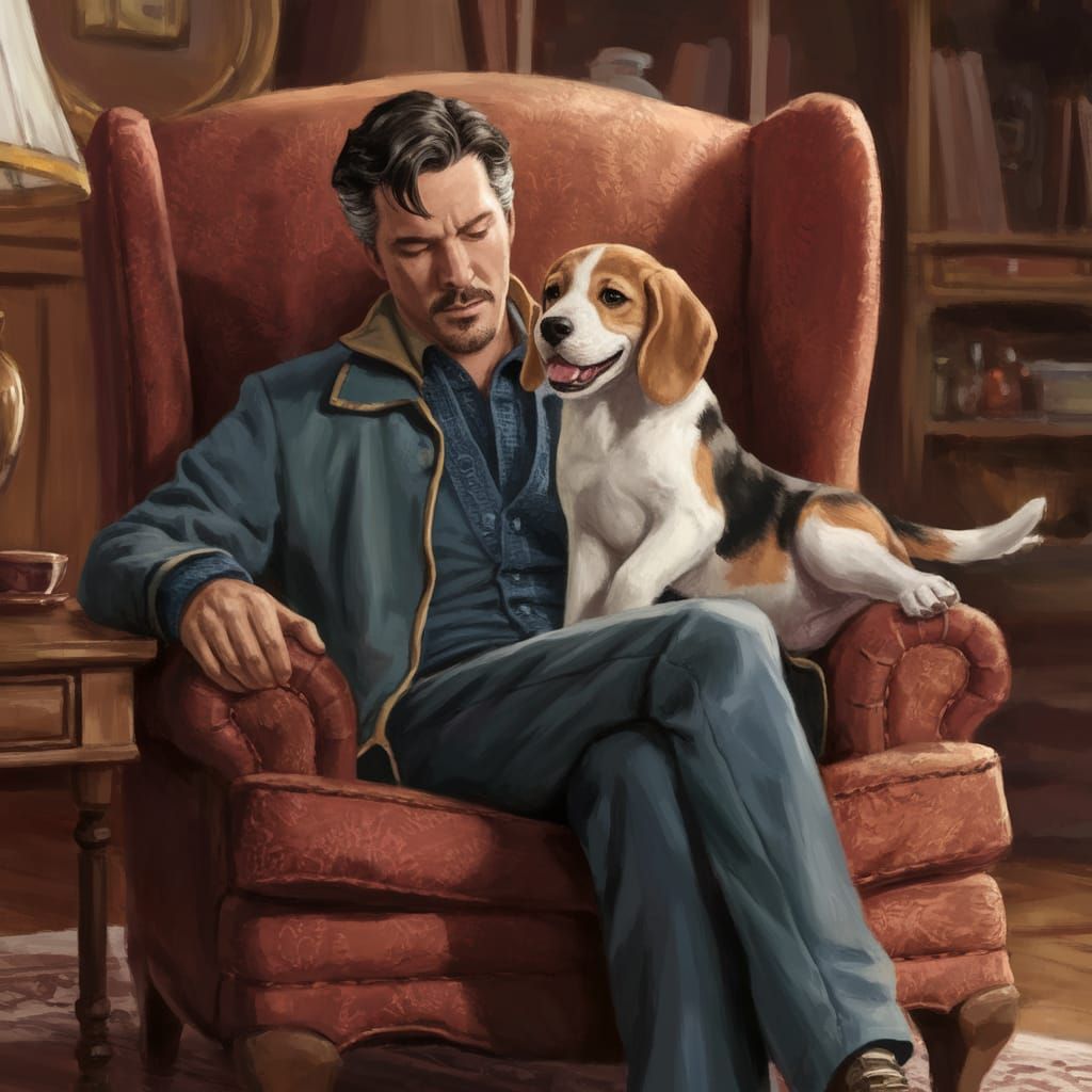 Dr. Strange and Beagle in Cozy Living Room Scene