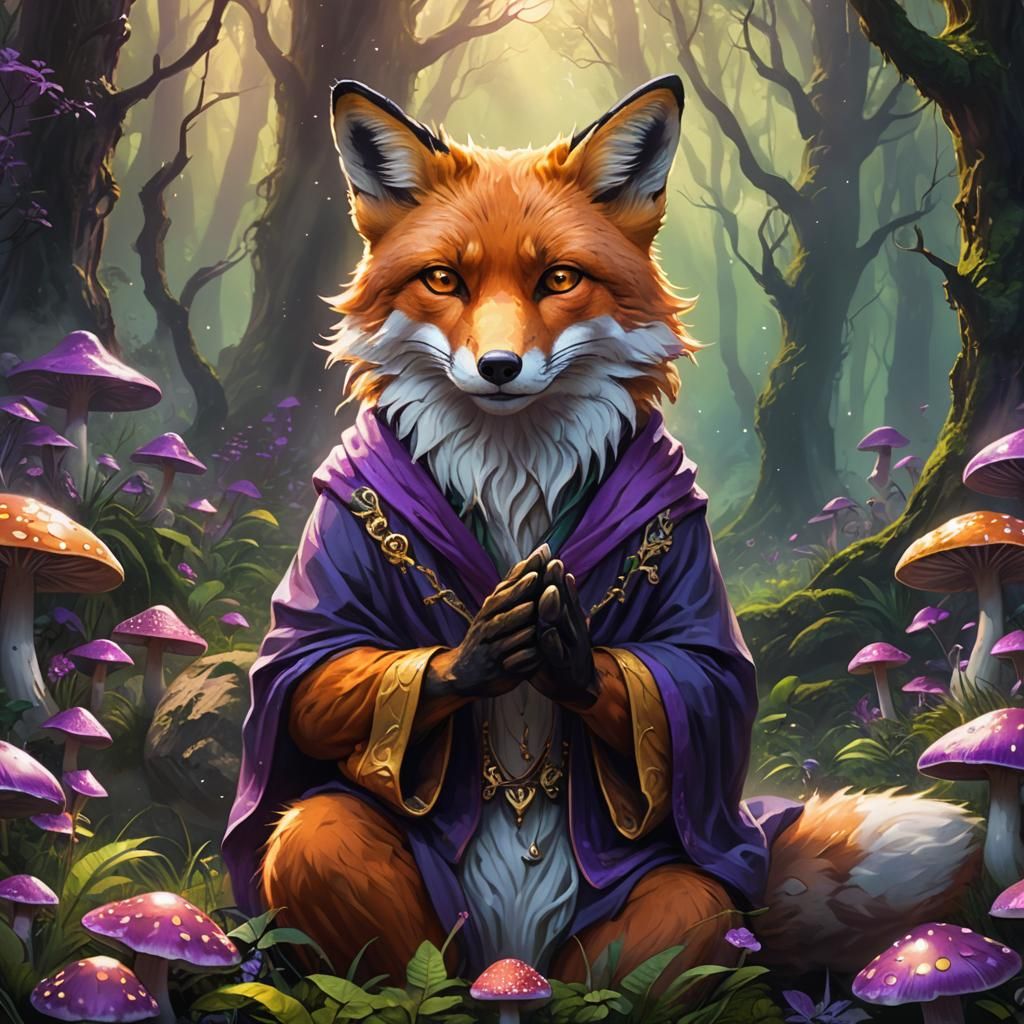 Wise Fox Guru Meditating in Mystical Forest