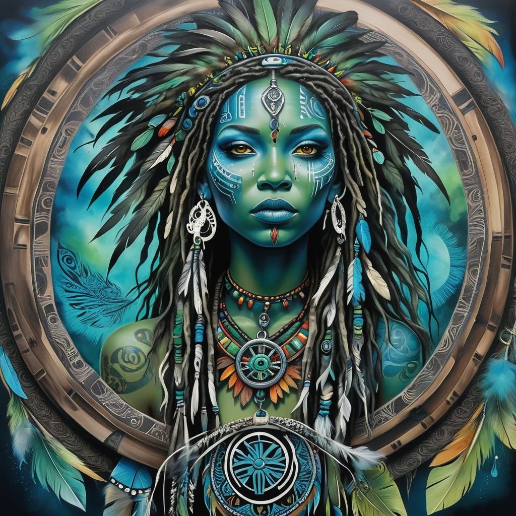 Shaman Girl Portrait with Tambourine in Digital Art Style