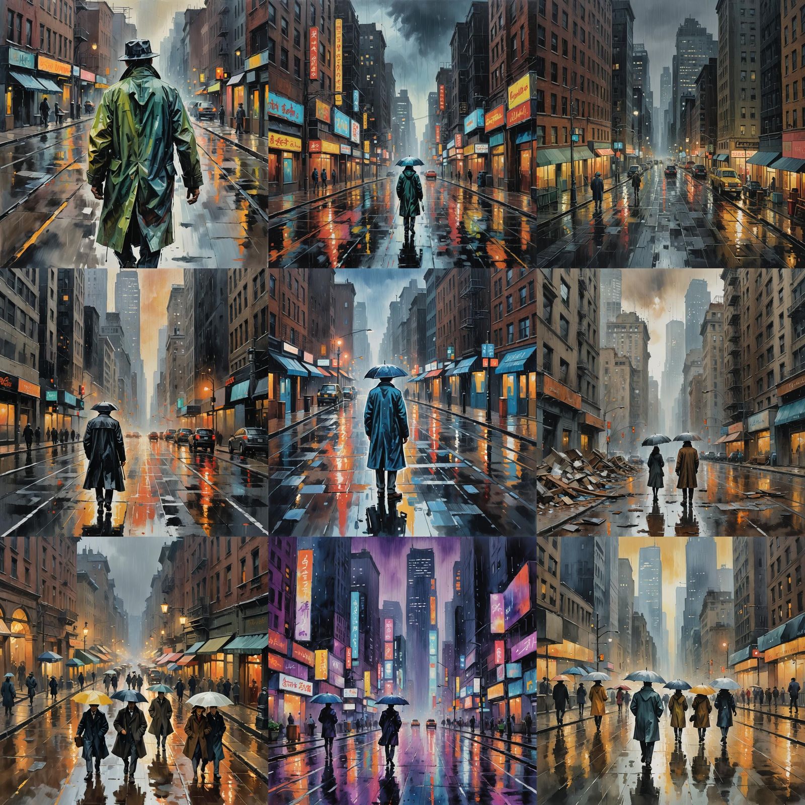 Dystopian City in Rain: Gouache Watercolor Impression