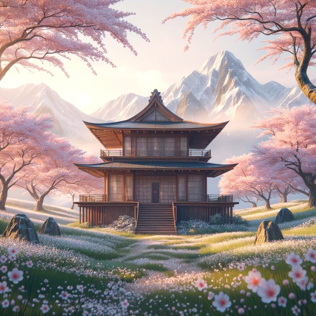 Dream House in Sakura Field: Photorealistic Japanese Archite...