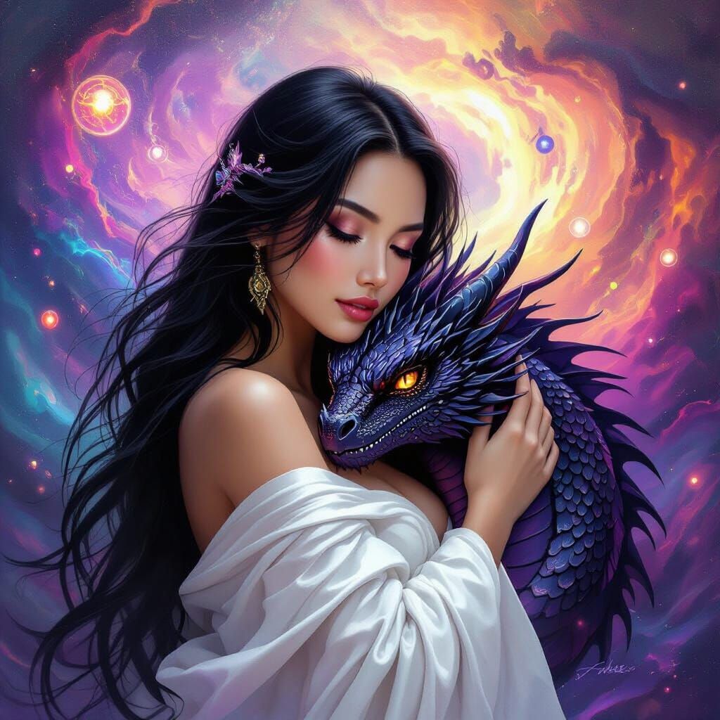 Woman and Dragon in Psychedelic Nebula