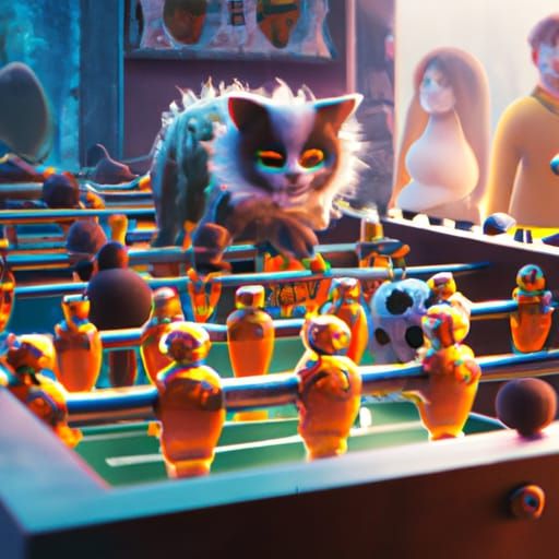 Cats Playing Foosball: Detailed Fantasy Concept Art