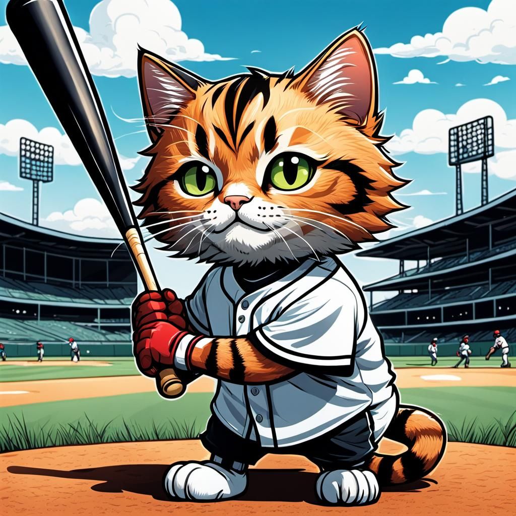 Baseball Cat in Comic Book Anime Style