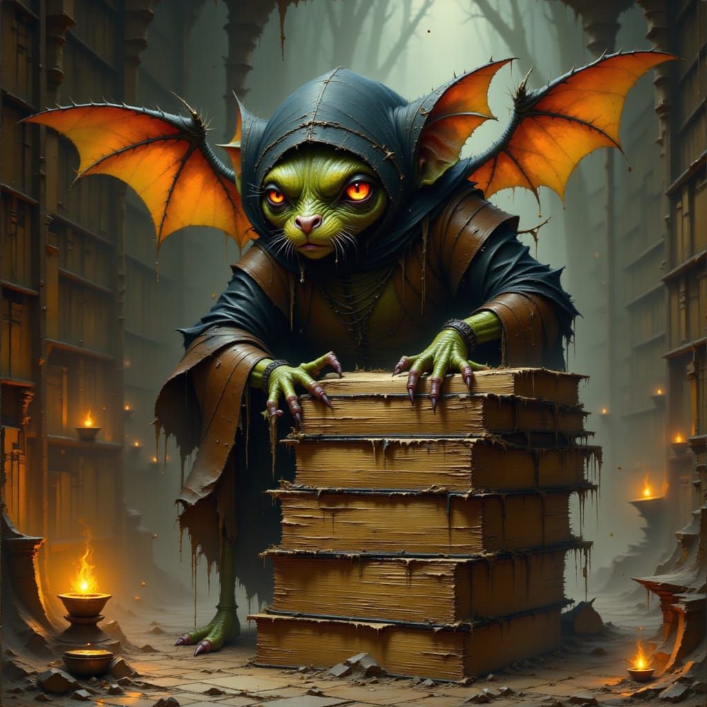 Gremlin in Library as Dark Fantasy Digital Painting