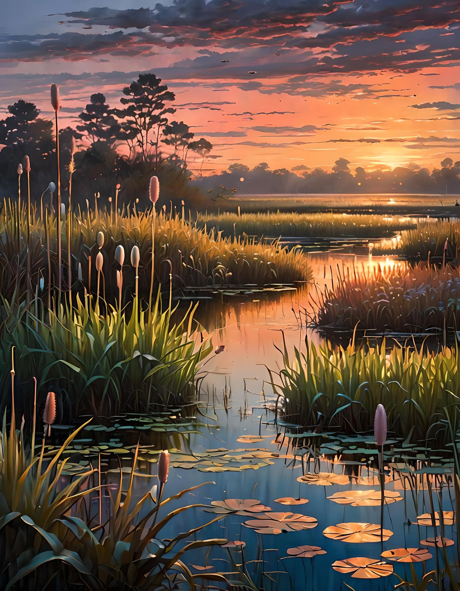 Mystical Marshland at Sunrise in Neon Fantasy Style