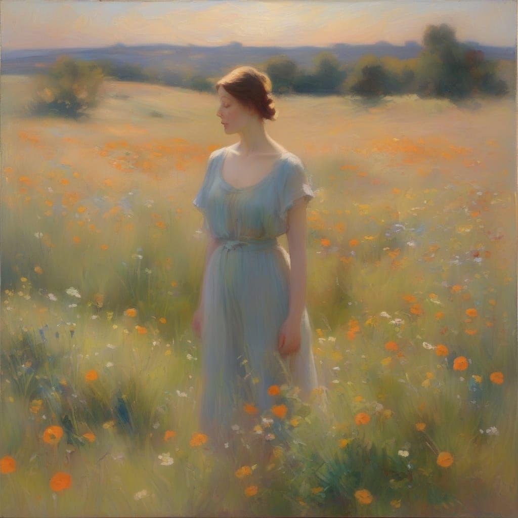 Impressionist Woman in Wildflower Field as Pastel