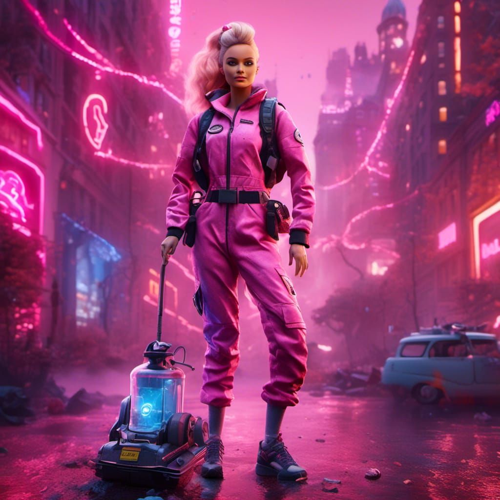 Barbie as Ghostbuster in Hyperreal Art Style