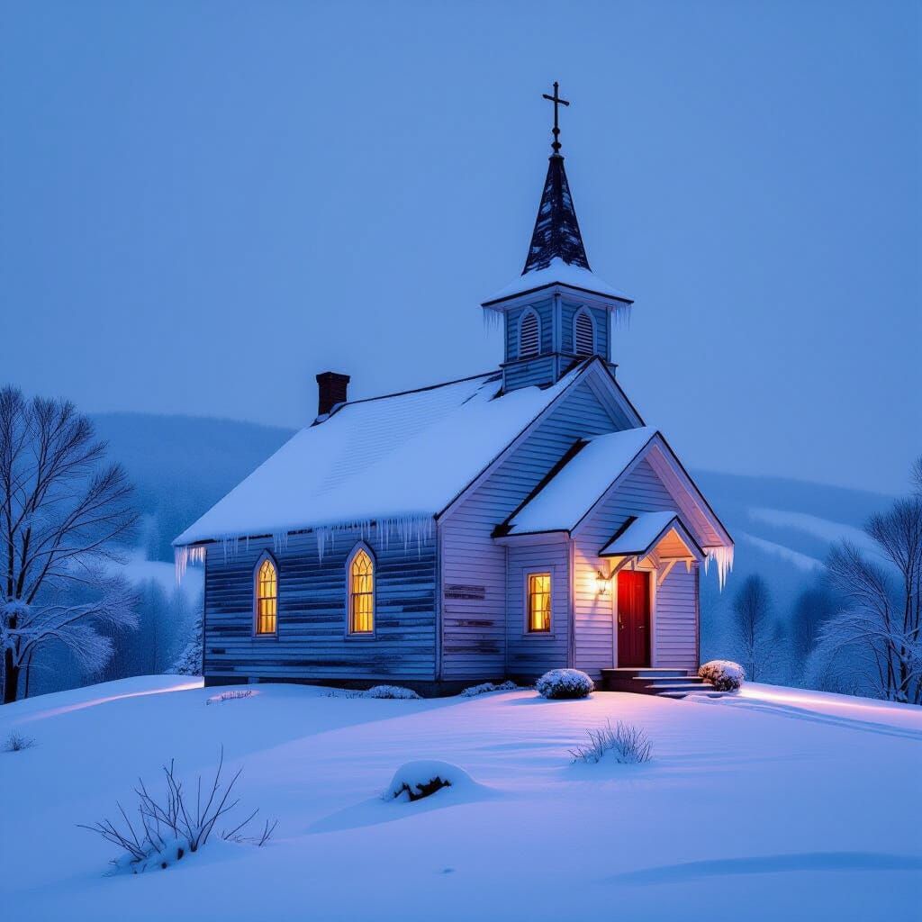 Rustic Country Church in Winter Snow