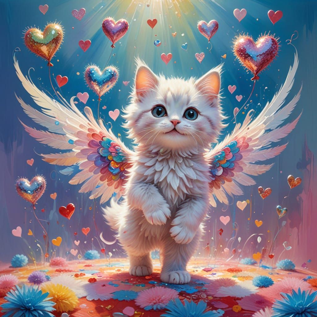 Whimsical Kitten Juggling Hearts in a Fantastical World