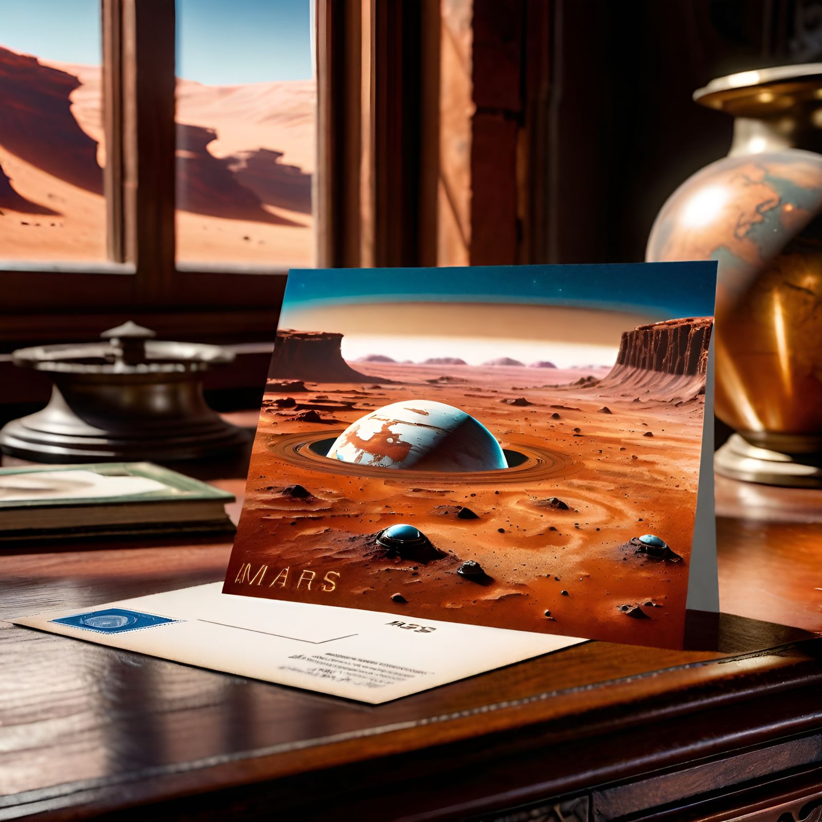 Martian Colony Postcard on Antique Desk