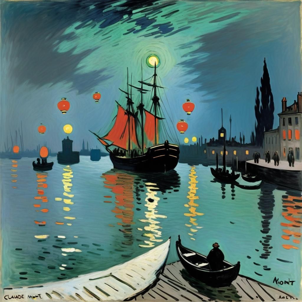 Lantern Lit Port Scene in Impressionist Style