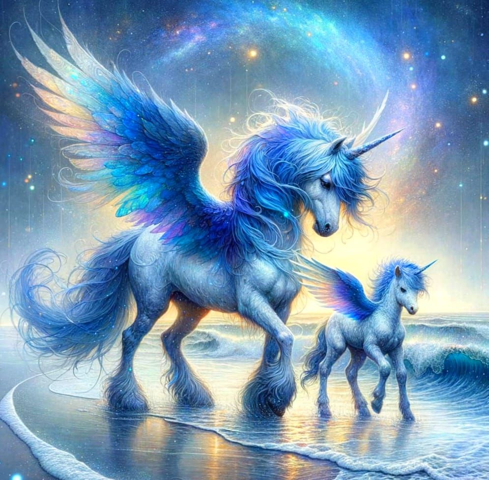 Ethereal Winged Unicorns at Dawn in Watercolour