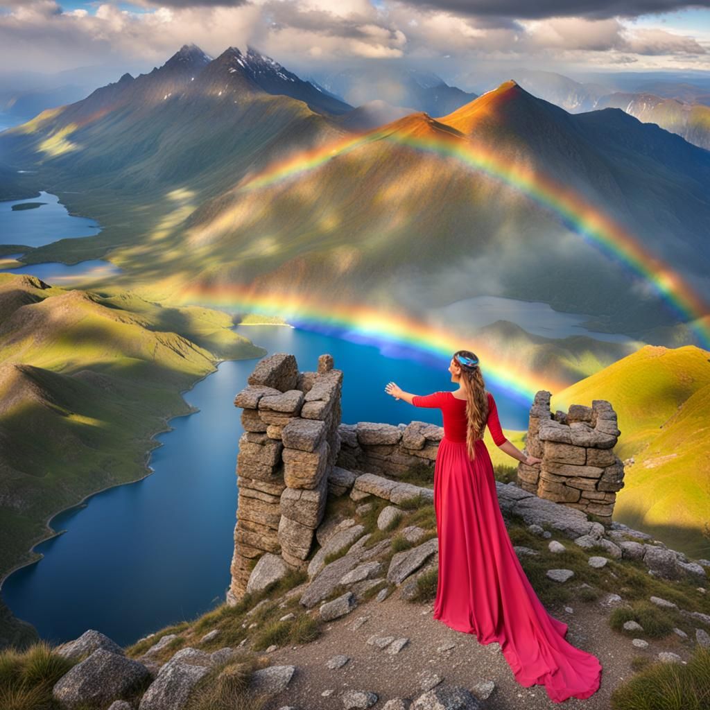 Castle on Mountain Top with Radiant Sun and Rainbow