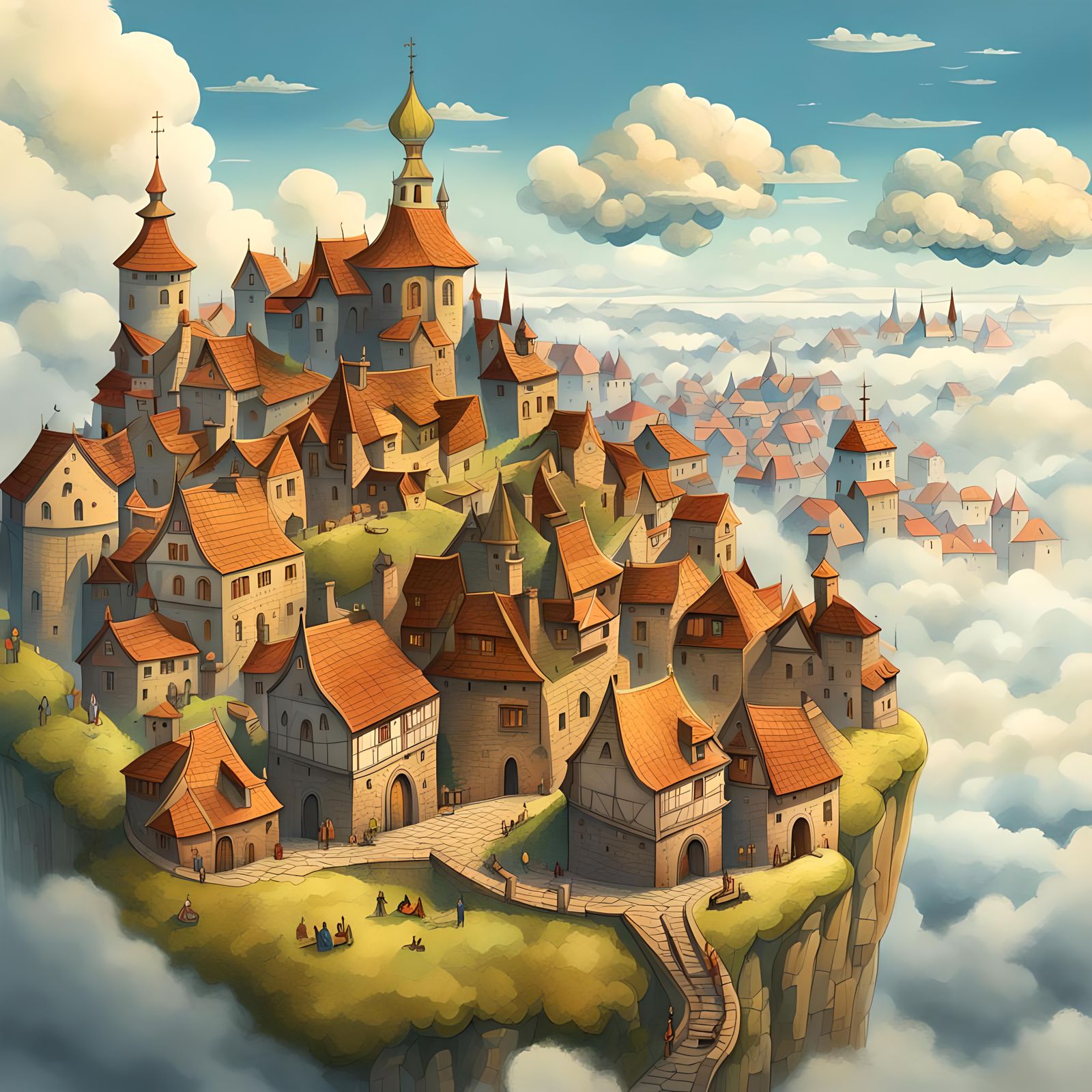 Floating Medieval Village in Gouache Style