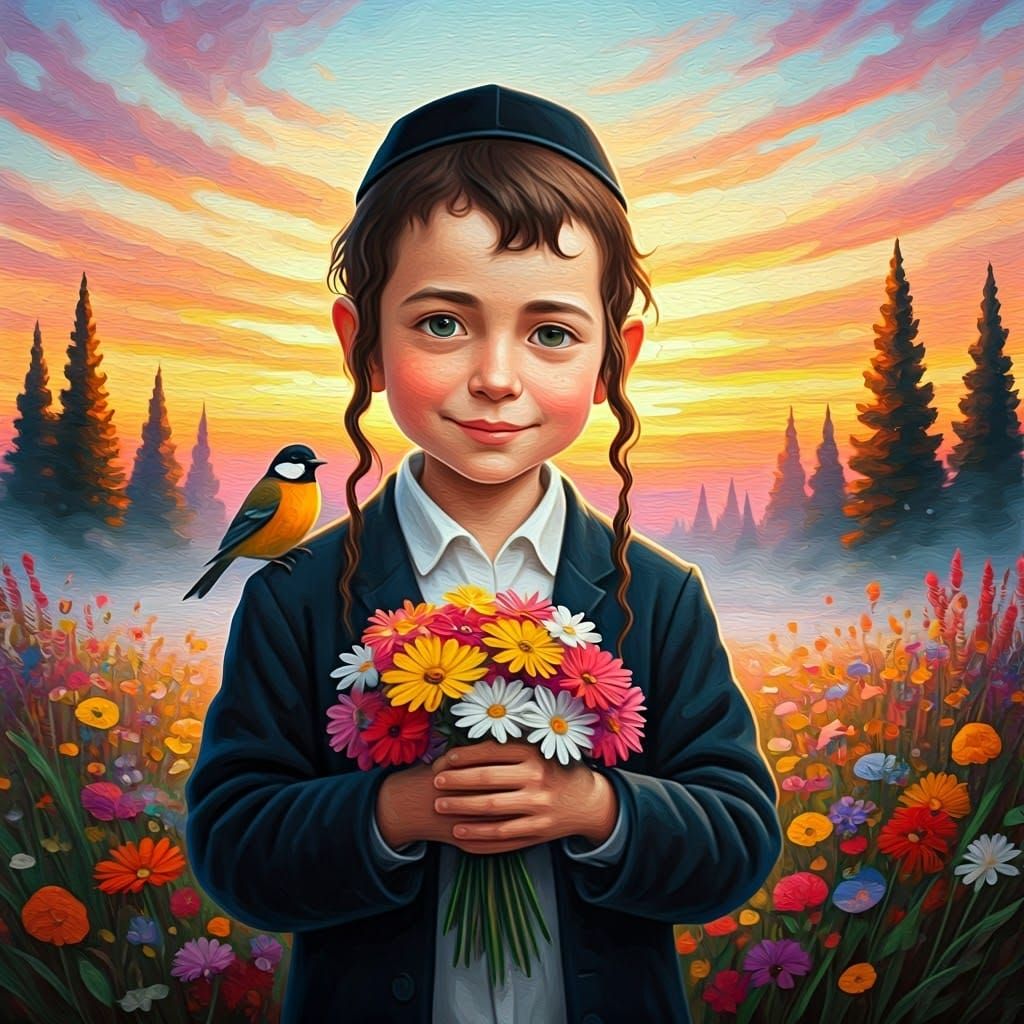 Vibrant Impasto Painting of a Haredi Boy in a Dreamlike Flow...
