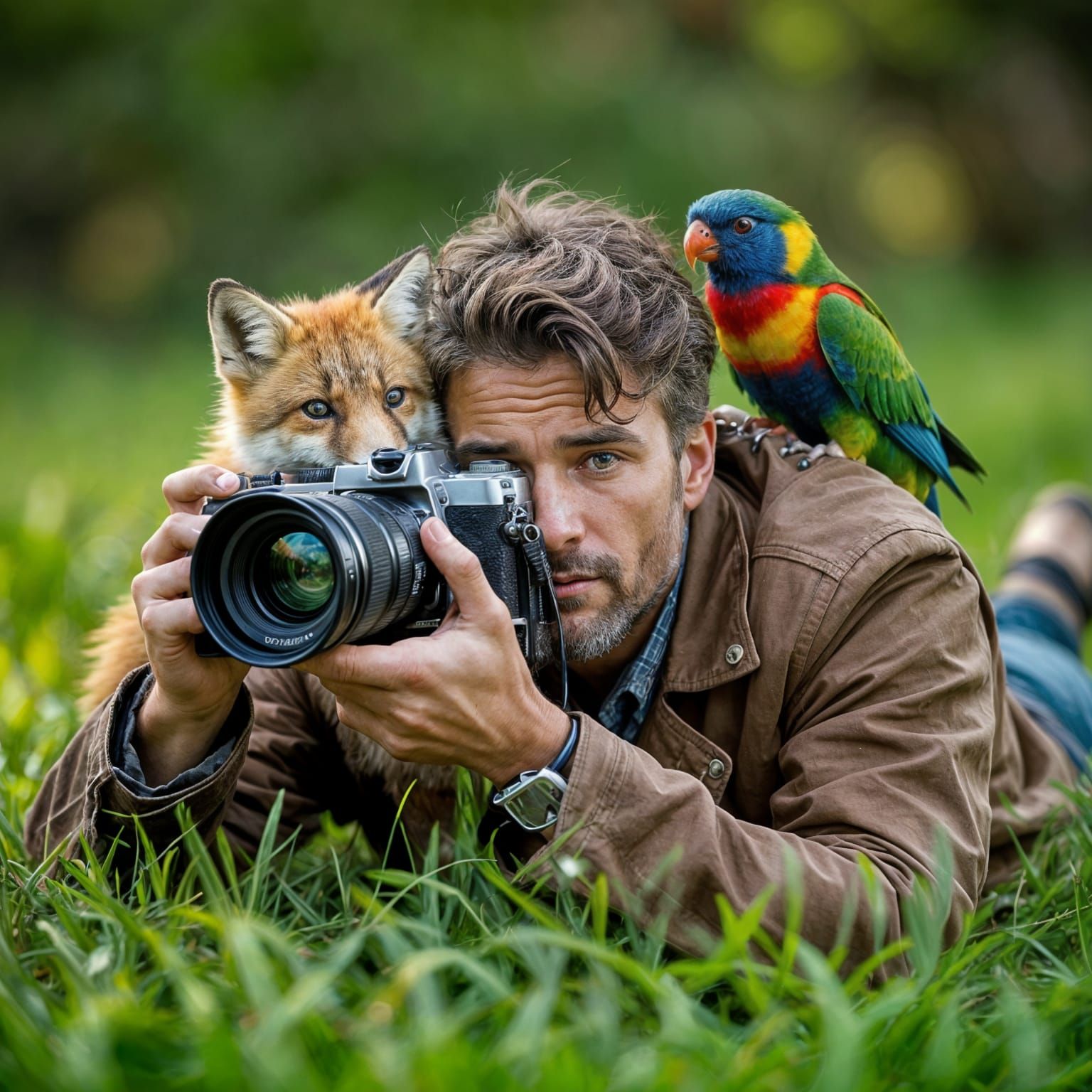 Photographer with Fox Cub and Lorikeet in Cinematic Style
