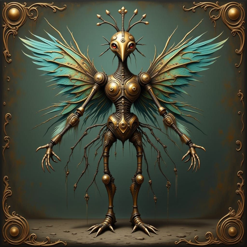 Steampunk Peacockcore Robot with Metal Wings