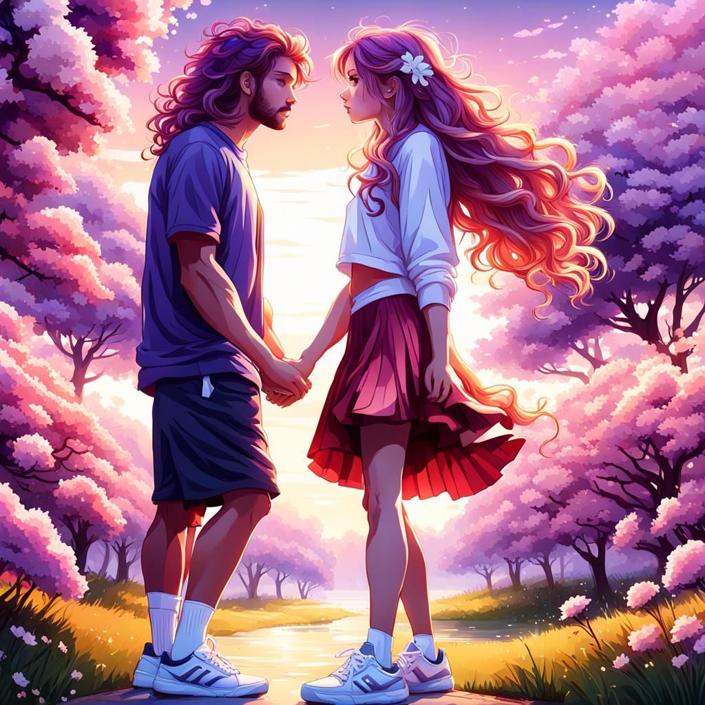 Romantic Sunset Kiss in Flower Meadow, Hyperdetailed Art