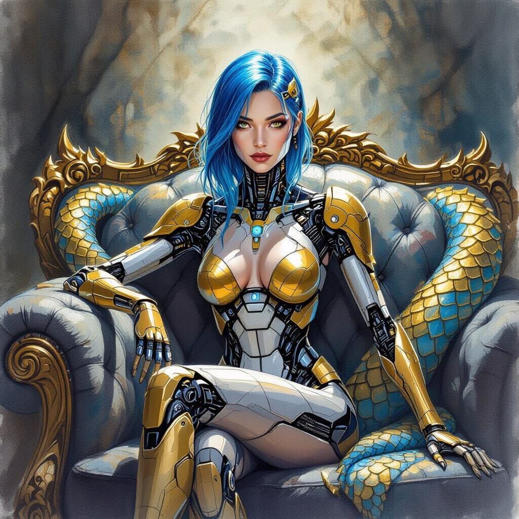 slender cyborg woman with blue hair