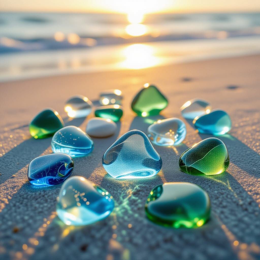 Vibrant Sea Glass Sculptures on Sandy Beach