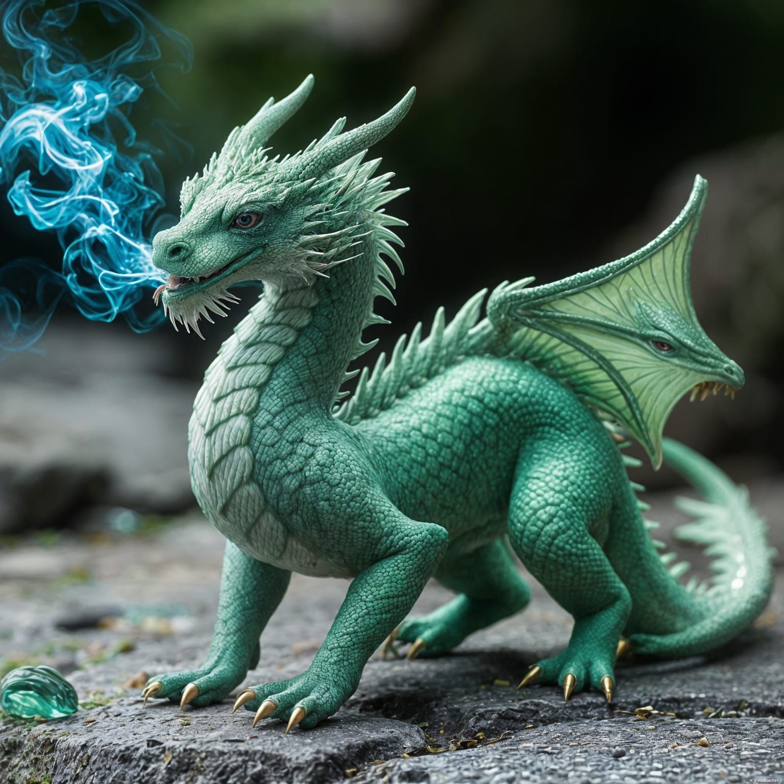 Emerald Green Dragon with Pearly Scales and Blue Fire
