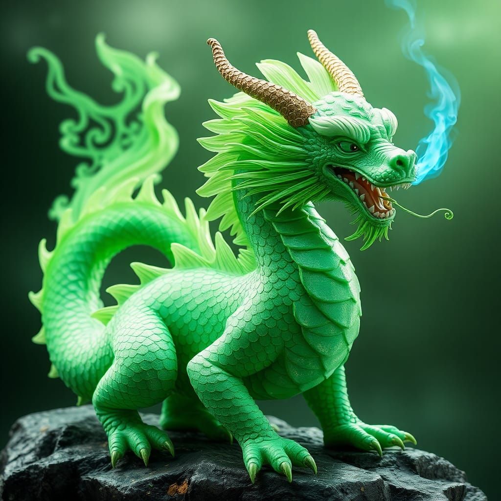 Dog-Like Emerald Dragon with Blue Fire Breath