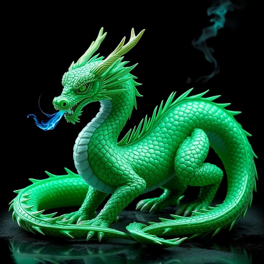 Emerald Dragon with Blue Fire and Glittering Scales