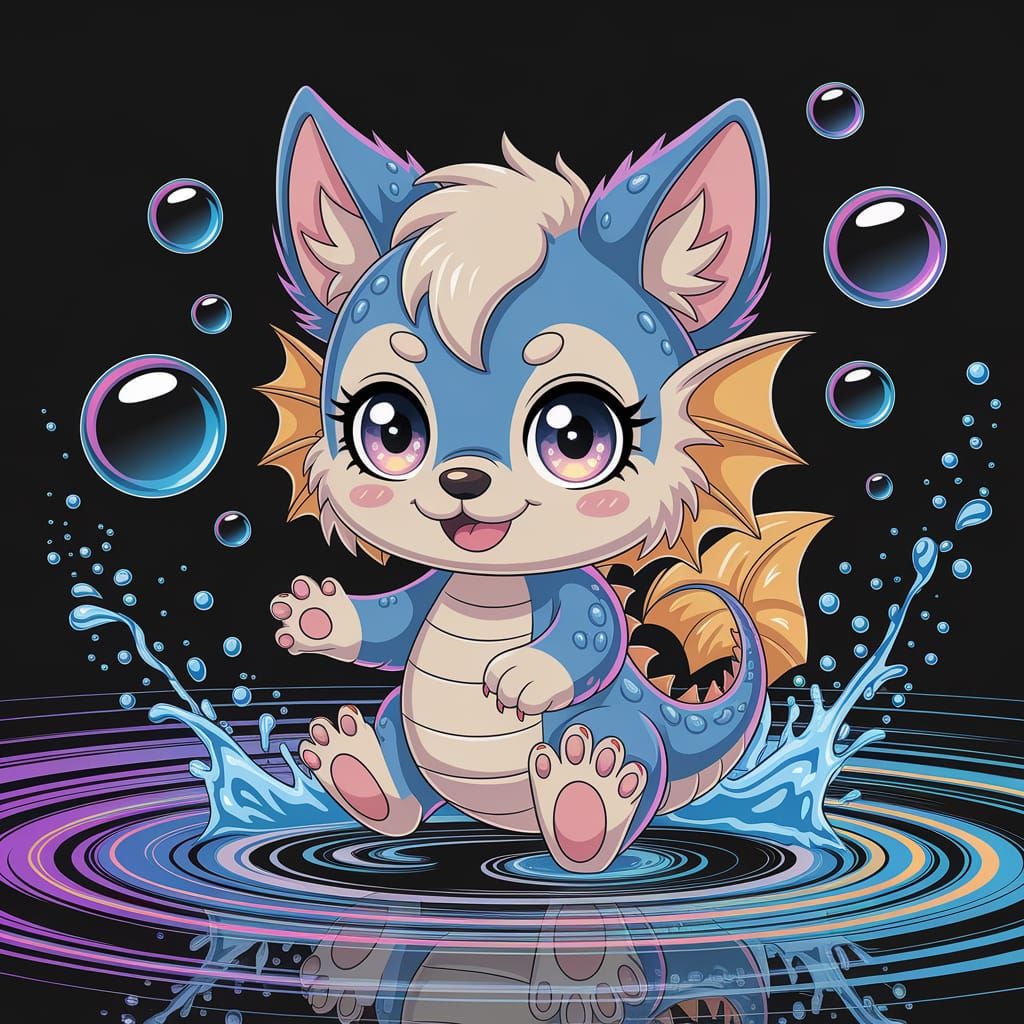 Chibi Water Wolf Dragon with Fins and Scales in Anime Style