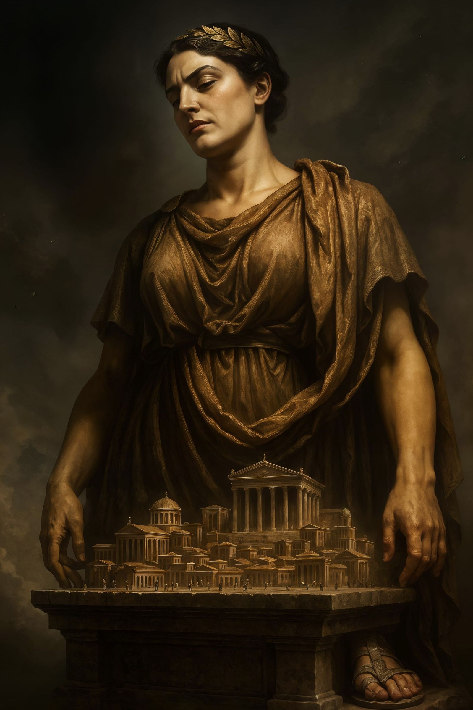 Majestic Roman Empress Giantess Observes Miniature City