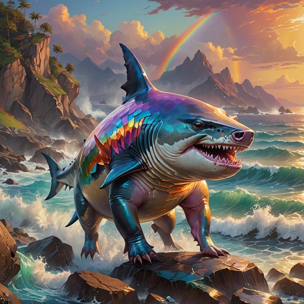 Shark-Pig Hybrid on Coastline in Oil Painting Style