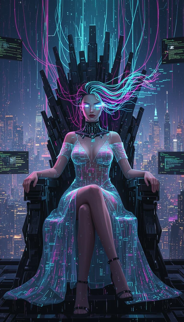 Cyberpunk Woman on Hologram Throne with Flowing Wires